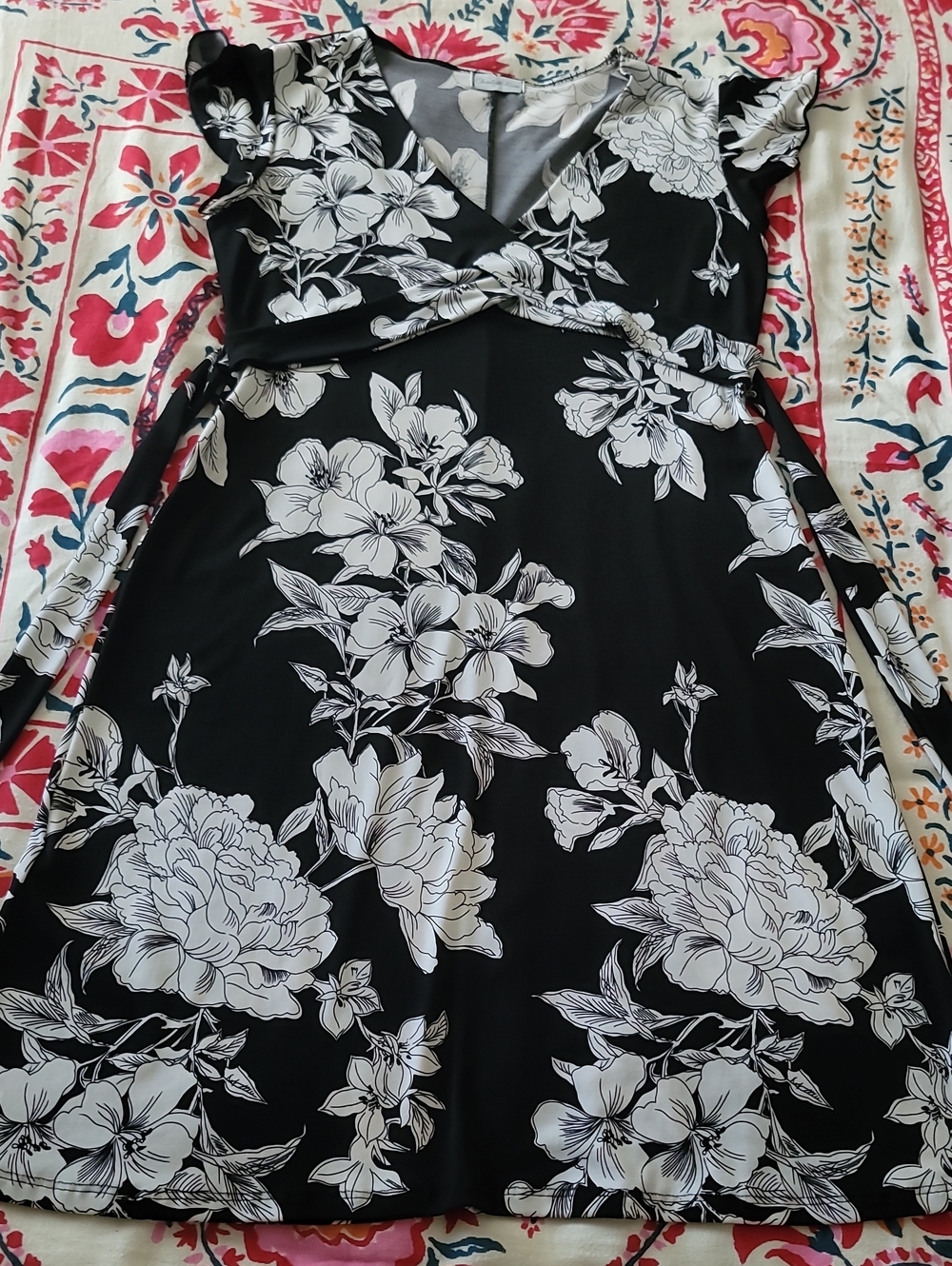 Charlotte Russe Black Floral Midi Dress with White Floral Print and Tie Back